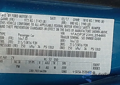 2017 Ford Focus Se from USA, damaged, VIN 1FADP3F23HL254485